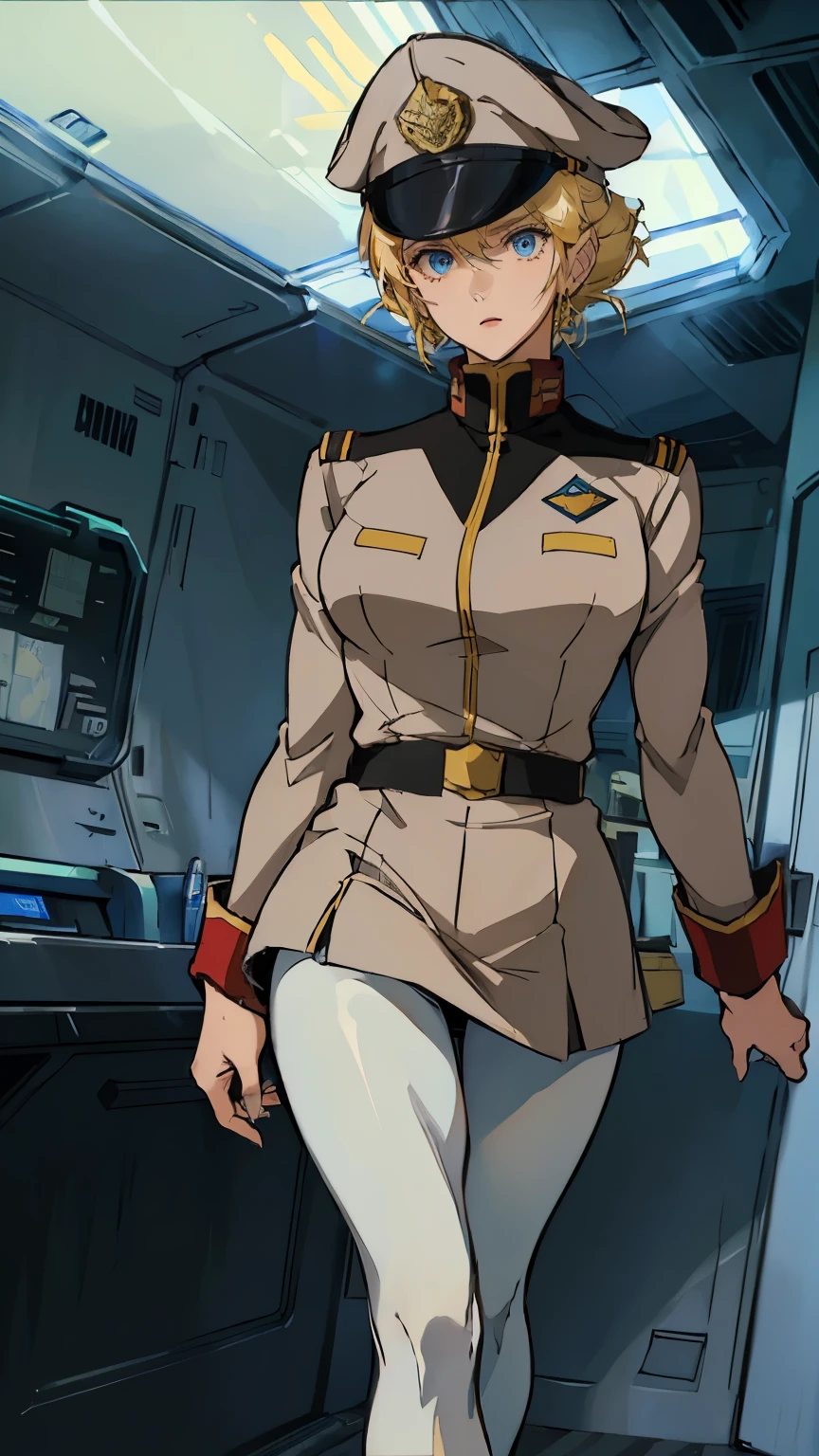 (((masterpiece,highest quality,In 8K,Super detailed,High resolution,anime style,absolutely))),(A female officer of the Earth Federation Forces is walking..:1.5),(alone:1.5), (Wearing a uniform of the Earth Federation Forces:1.5),(wearing an officer hat: 1.5),(Cute type of girl:1.4),(pretty face:1.4),(beautiful hands:1.4),(fine hands:1.2),(wallpaper:1.5),(whole body:1.5),((overlook:1.5)), ((25 year old girl, white tights)), (inside a spaceship),