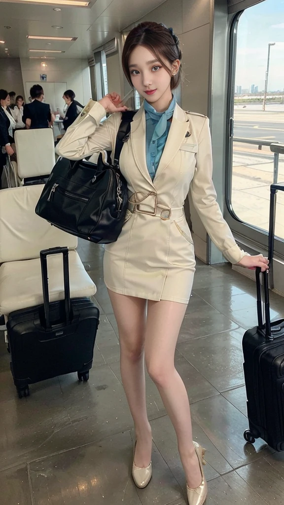  ((Incredibly stylish and beautiful)), ((really meticulous CG)), (realistic)、(intricate details:1.2)、(masterpiece、:1.3)、(top quality:1.4)、(Ultra A high resolution:1.2)、Ultra A high resolution, 8K resolution, Very detailed expression, studio soft light, vivid details, super detailing, complete anatomy, realistic skin texture, realistoc shading, (Highly detailed CG Unity 16k wallpaper), (High Quality), full body photo, 1 girl, (korean facial makeup : 1.4), beautiful: 1.3, a little smile, walking, ((crew cut, bun hair, flight attendant hair style)), perfect figure, femur, medium chest, Medium Body, Korean flight attendant, (Random colored Flight attendant uniforms),(Flight attendants in uniform), detail face, warm gaze, clear eyes, beautiful detailed eyes, small nose, small head, sky colored silk petit scarf, nude-colored shiny pantyhose : 1.5, court shoes)), air terminal, airport lobby, luggage, random color : 1.2, boarding an airplane, detailed background