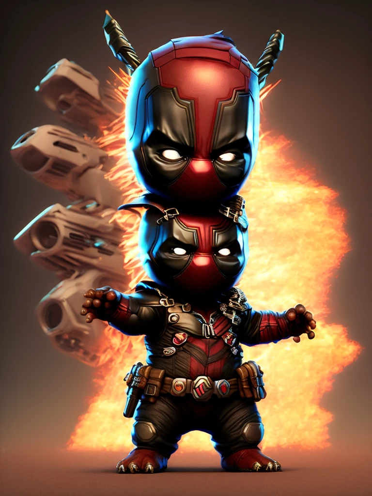 snowapocalypse Movie shot of realistic cute deadpool , surrounded with fire, seamless, epic, Movie, Intricate details, The award-winning, great lighting, shadow, high quality, detailed