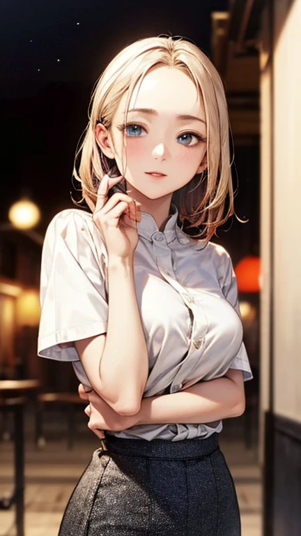 (Top quality masterpiece:1.2) Delicate illustrations, Very detailed, /Beautiful Japanese Woman、1 person,Very cute and slim、Excellent style 、((8K images、super high quality))、Very delicate face, Beautiful forehead、Beautiful thighs、Deep red lipstick,(((((Middle Hair、Blonde))))),very cute、Kind eyes,(White shirt、skirt)、starry skies、Tokyo night view、Cafe、Date