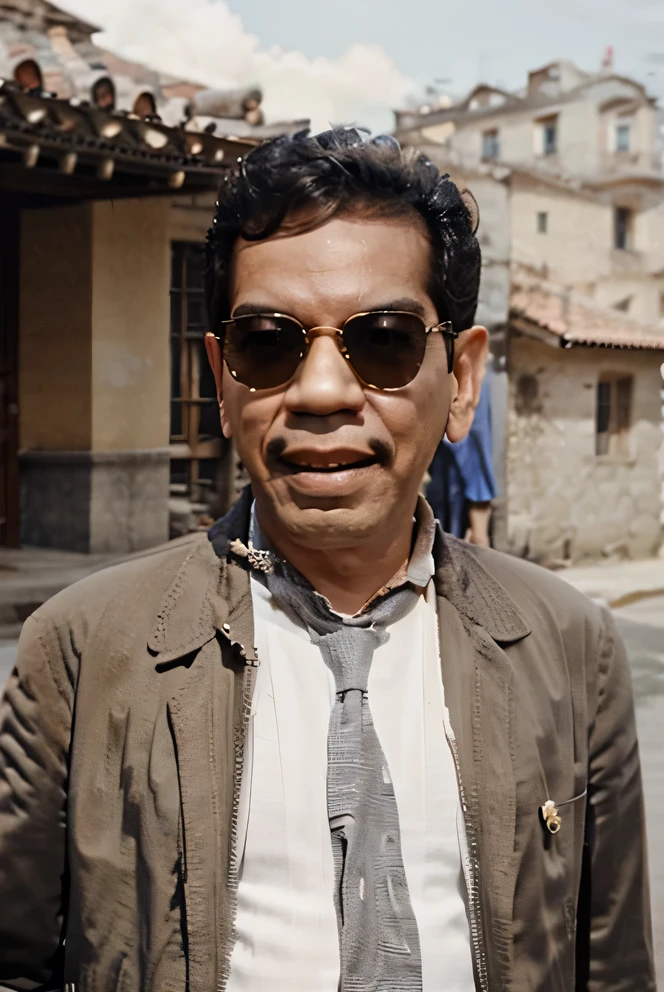 Cantinflas wearing sunglasses with a jacket and tie