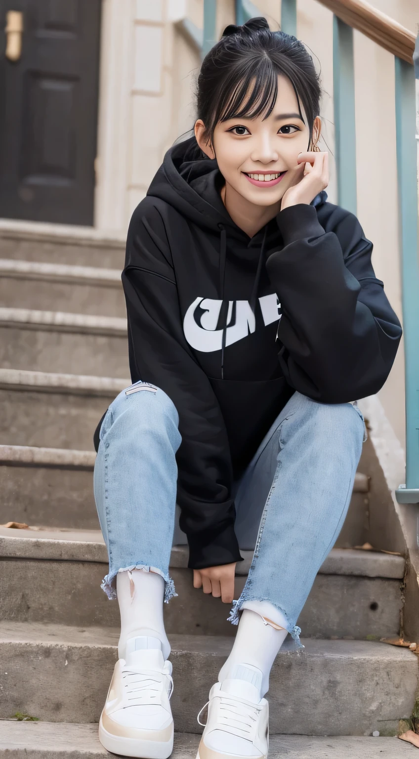 highest quality, Realistic, Very detailed, Finer details, High resolution, 8k wallpaper, One beautiful woman,Sit on the stairs、(Wear black socks)smile、(Beautiful teeth alignment、)(Gums are visible) Oversized hoodie, Skinny jeans,( Black sneakers)、Black Hair、 Beautiful Bangs、ear piercing、Perfect dynamic composition, Beautiful and detailed, Full Body Shot, A big smile Wearing colorful socks