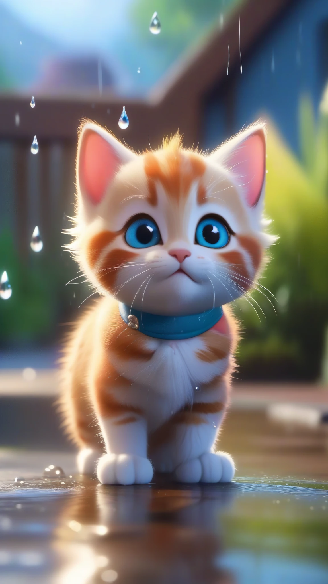 (outdoor, strong rain, puddles, reflections, wet textures, rain drops near camera)
(small kitten, innocent eyes, wizard's hat, soaked fur, adorable expression, big emotional eyes)
(raindrops hitting the hat, colorful backdrop, small magical elements, whimsical environment, dark,)
(magical, bright, cute, enchanting)
(3D rendering, vibrant colors, highly detailed, child-friendly illustration)
(Disney/Pixar's vivid and whimsical animation, artstation, reddit)