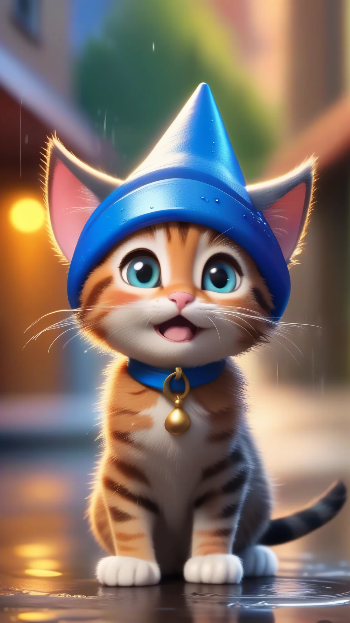 (outdoor, strong rain, puddles, reflections, wet textures, rain drops near camera)
(small kitten, innocent eyes, wizard's hat, soaked fur, adorable expression, big emotional eyes)
(raindrops hitting the hat, colorful backdrop, small magical elements, whimsical environment, dark,)
(magical, bright, cute, enchanting)
(3D rendering, vibrant colors, highly detailed, child-friendly illustration)
(Disney/Pixar's vivid and whimsical animation, artstation, reddit)