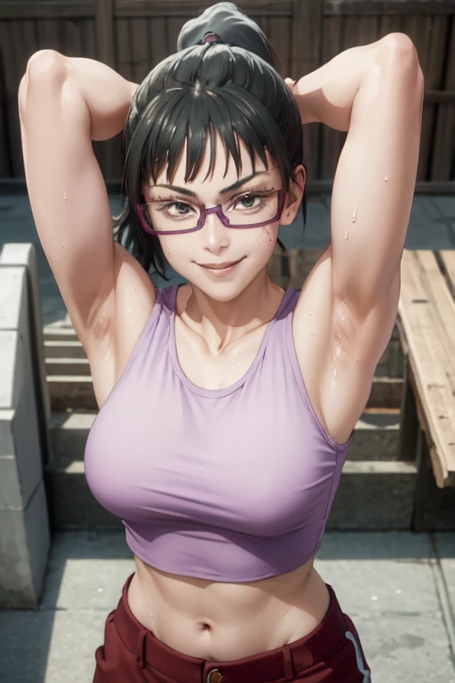 masterpiece, best quality, maki zenin, wearing glasses, ponytail,wearing purple tanktop shirt, croptop, red pants, looking at viewer, large breasts, upper body, portrait, looking at viewer, seductive smile, both hands raised, armpits, armpits visible, sweaty armpits, from above,