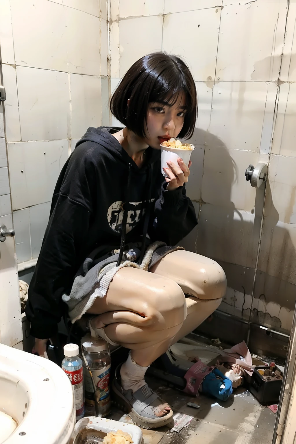 Wearing a black tattered hoodie、18 year old young Korean transgender with black bob cut eating in dirty toilet。She is sitting on the toilet。