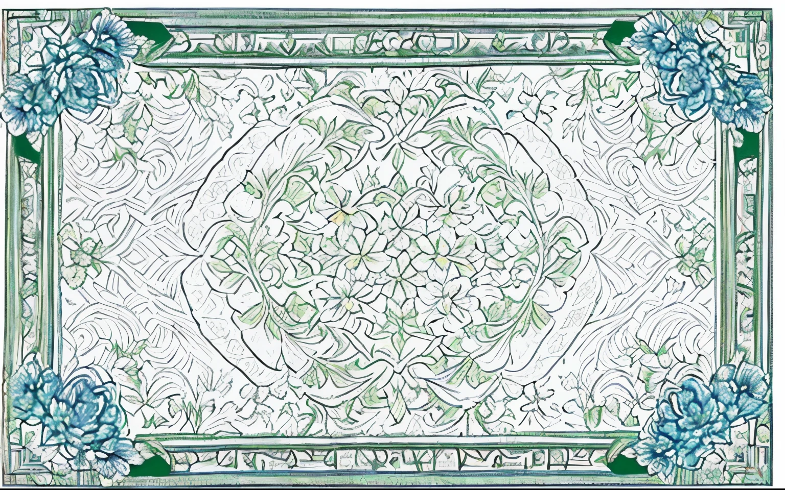 a green and white certificate with a floral design, guilloche, billete de banco, oriental, dollar bill, gran borde blanco, borde de papel, Border pattern, decorativo border, zoomed view of a billete de banco, decorativo, 10k, verde pastel, Giro de vuelta, Horizontal, armonioso, brocade, borde adornado, borde azul, High Definition, muy detallada amplia