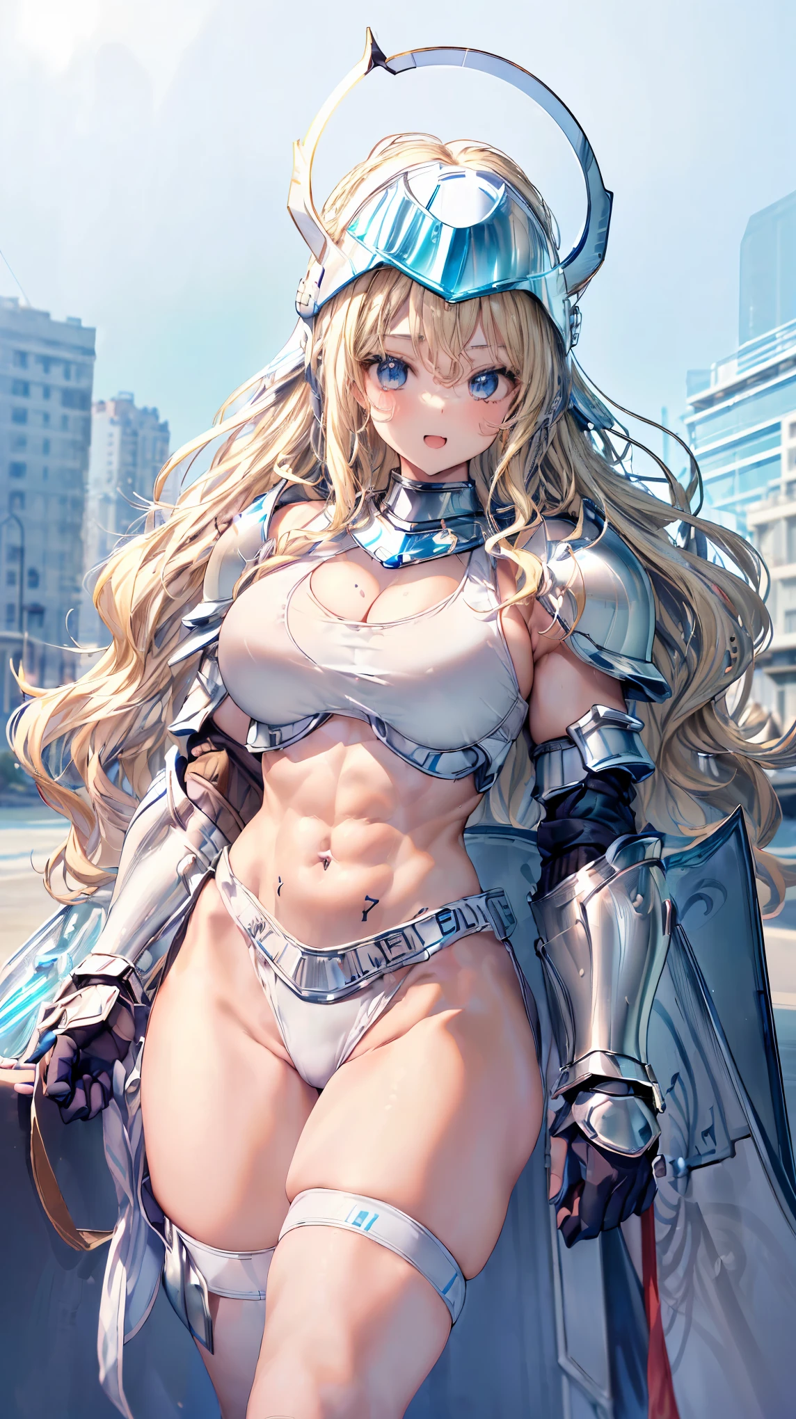 (Adult women:1.5)、Very detailed、highest quality、Best image quality、masterpiece、8k、Anime Face、A kind smile、(Open your mouth:1.3)、Sparkling blue eyes、(Blonde Wavy Hair:1.5)、、Muscles of the whole body、(High leg:1.5)、Thigh belt、(Wearing white bikini armor:1.5)、(Cowboy Shot:1.5)、(Leg armor:1.5)、(Wearing a helmet:1.5)、SFW Giant