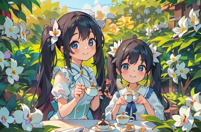 highest quality、masterpiece:1.2)、(Realistic、Photorealistic:1.37)、Blue long hair、beautiful girl with twin tails、愛らしいsmile、 1 Beauty、18-year-old、alone、Beautiful and detailed sky、A meticulously designed cafe in a flower-filled garden、Orchid Garden、Cute Teapot、Enjoy afternoon tea、(clear々smile:1.1)、(Mouth closed)、Soft Breasts、魅惑的なsmile、