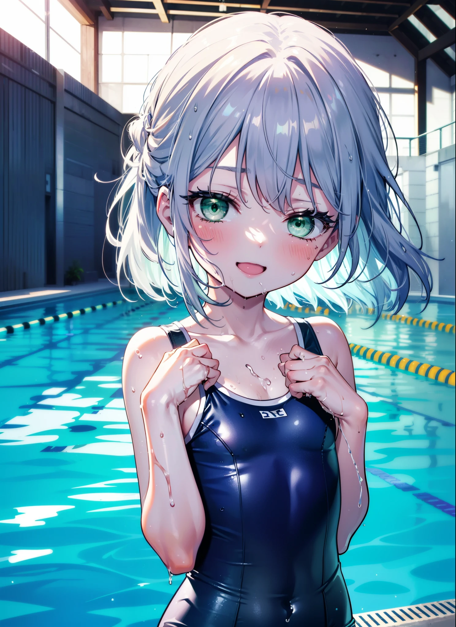 index, index, (Green Eyes:1.5), Silver Hair, Long Hair, (Flat Chest:1.2),School Swimsuit(white),barefoot,Wet Hair,Wet Skin,Wet swimsuit,happy smile, smile, Open your mouth,
break looking at viewer, Upper Body, whole body,
break outdoors, Public swimming pool,
break (masterpiece:1.2), highest quality, High resolution, unity 8k wallpaper, (figure:0.8), (Beautiful fine details:1.6), Highly detailed face, Perfect lighting, Highly detailed CG, (Perfect hands, Perfect Anatomy),