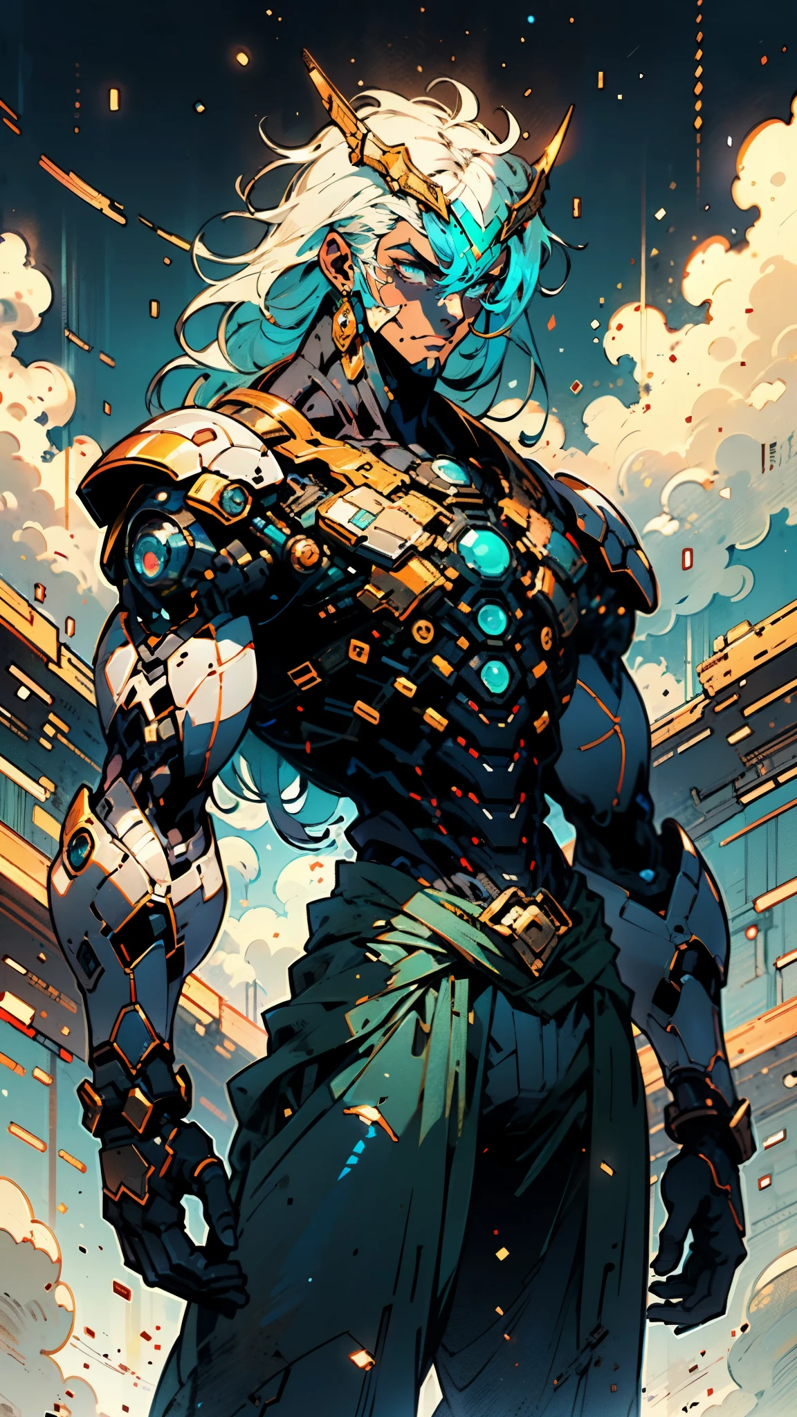 A man with messy medium-length hair emitting neon fluorescence, a magnificent fantasy-style headdress covering upper half of his face, sharp gaze, a muscular physique with a bronze-toned upper body, a plain cloth belt wraps around his waist, white coarse cloth trousers, standing sideways with a tilted body, topless, amidst iridescent nebula clouds, this character embodies a finely crafted fantasy-style practitioner in anime style, exquisite and mature manga art style, high definition, best quality, highres, ultra-detailed, ultra-fine painting, extremely delicate, professional, perfect body proportions, golden ratio, anatomically correct, symmetrical face, extremely detailed eyes and face, high quality eyes, creativity, RAW photo, UHD, 32k, Natural light, cinematic lighting, masterpiece-anatomy-perfect, masterpiece:1.5