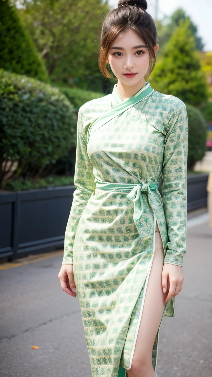1 girl, hair bun, beautiful girl, ((mmTD burmese patterned traditional dress)), emerald green dress, floral printed dress, outdoor, perfect light, masterpiece, best quality, ultra detailed, cinematic feels, looking at the viewer, 8k, RAW photo, realistic, photo realistic, intricately detailed, UHD, full HD, ultra resolution