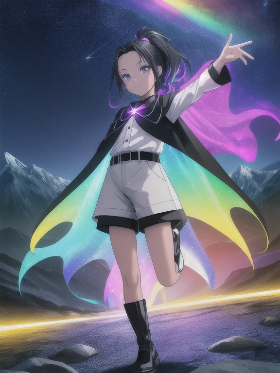 A girl, single ponytail, black hair, forehead, hotel waiter uniform, nylon shorts, flat boots, mountains, starry night, glowing stone stairway, Rainbow cape，Rainbow color illustration, magically glowing, Shiny and colorful, Hologram, Digital Animation Art, front，Full body portrait，Horizontal viewing angle，Colorful，Depth of Field，Overclocking Renderer，Movie Lighting，Ultrafine，Ultra Detailed，CG art，