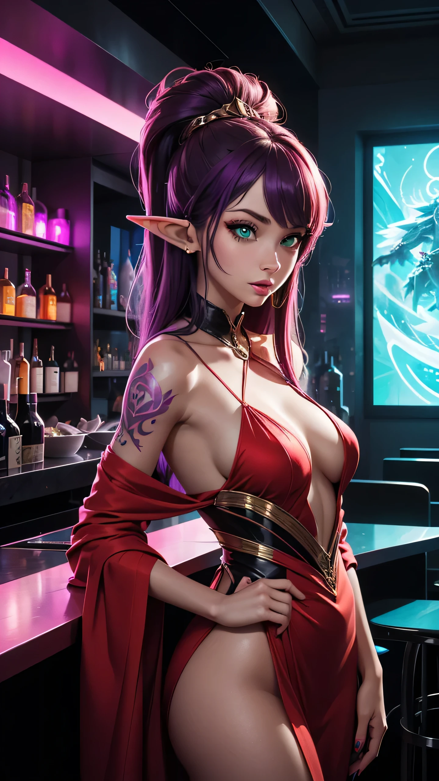 There is futuristic bar, near bar table stand elf female, she have a beautiful face with green eyes long pointy ears with lot of golden earring on them red eye shadows and lips, main colour of her hair is red with purple highlights lines, she dressed in sexy long shamanic dress, her body and arms covered with mislyc tatoo, behind her back there is wind spirit, (ultra high quality sifi fantasy art. cyberpunk fantasy style, masterpiece, ultra highquality character design, 8k quality anime art, top quality wallpaper illustration, detailed ultra high quality acurate face, highquality design and acurate physic )