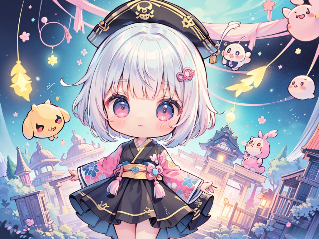 (masutepiece),(Best Quality),(floating),(High resolution),(Dynamic Angle),(beautiful japanese female),(kawaii, Cute, Tiny, Chibi:1.3),Goddess-like posture,female pirate style、white hair、bob cuts、black pirate clothes、a black skirt、Pink ruffles、solo、skull pattern hat