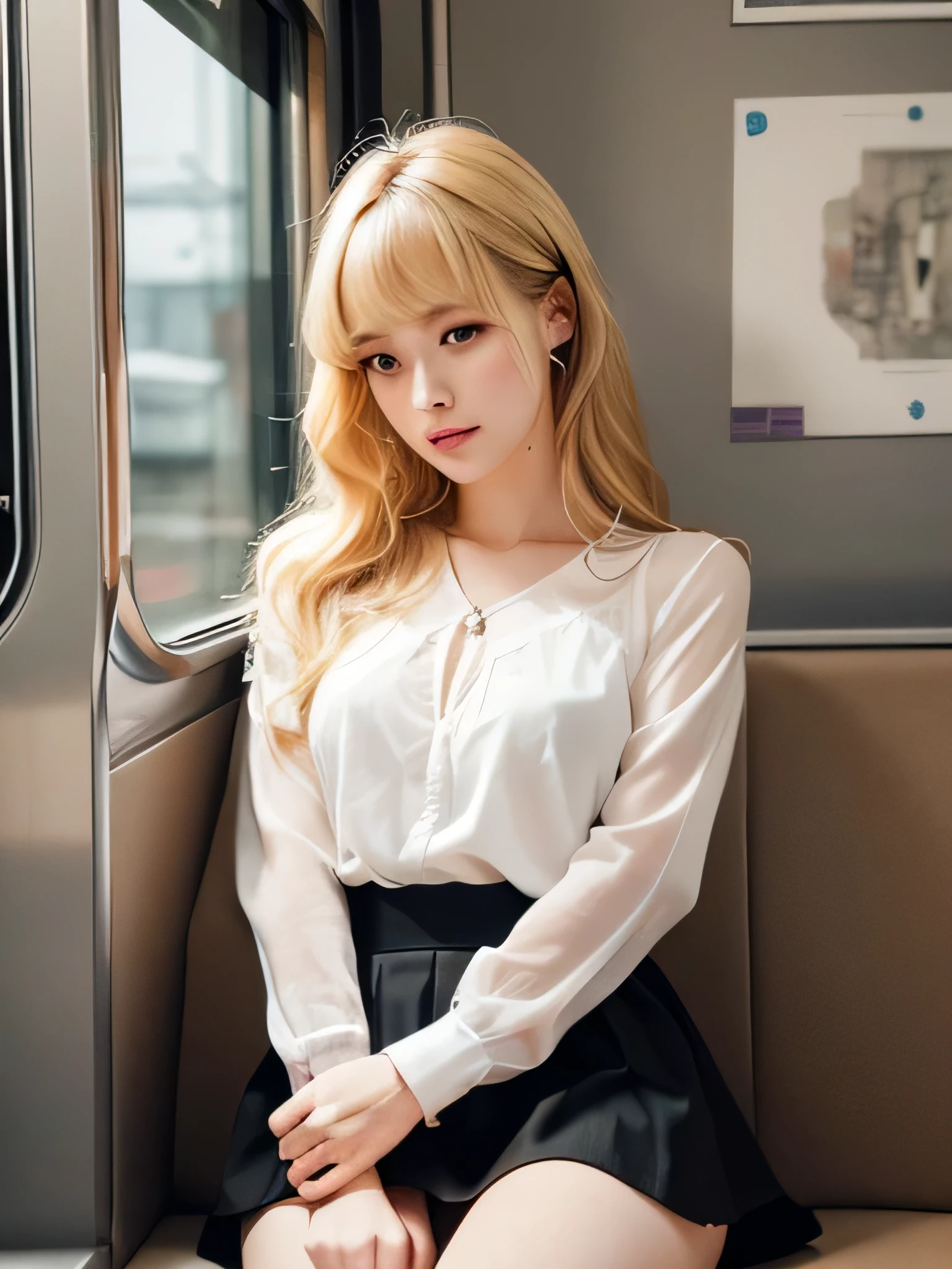 8K、Photo image masterpiece、highest quality、Super-resolution、Low angle image、Beautiful woman with golden curly hair、((Blonde beauty))、With bangs、Unbelievably cute face、And slim、Small breasts、High resolution、masterpiece、Exquisite Function 、Delicate eyes、Delicate blonde hair、8K quality、Pale light and shadow、Dindal effect、Disturbance blonde、With bangs、((A photo from the delicate feet)、(Detailed RAW photos of girls)、(Tabletop:1.25)、 (Highest quality:1.6)、(超High resolution:1.5)、(Real:1.75)、8k resolution、Canon EOS R5、50mm、Image from the foot、((Woman sitting in front of a train、Thigh Gap 、Direct light from below、Illuminate the inside of the skirt、Voyeur in skirt、Panty voyeur))、Japanese women、(Sheer white skirt、I can see your underwear、Thin black shirt)、One beautiful girl、((( White string panty shot)))、Fair skin、cute、Embarrassing、Super Beauty、Disturbance、Ultra-fine、Cinema Lighting、Skirt peeking、String panty voyeur、