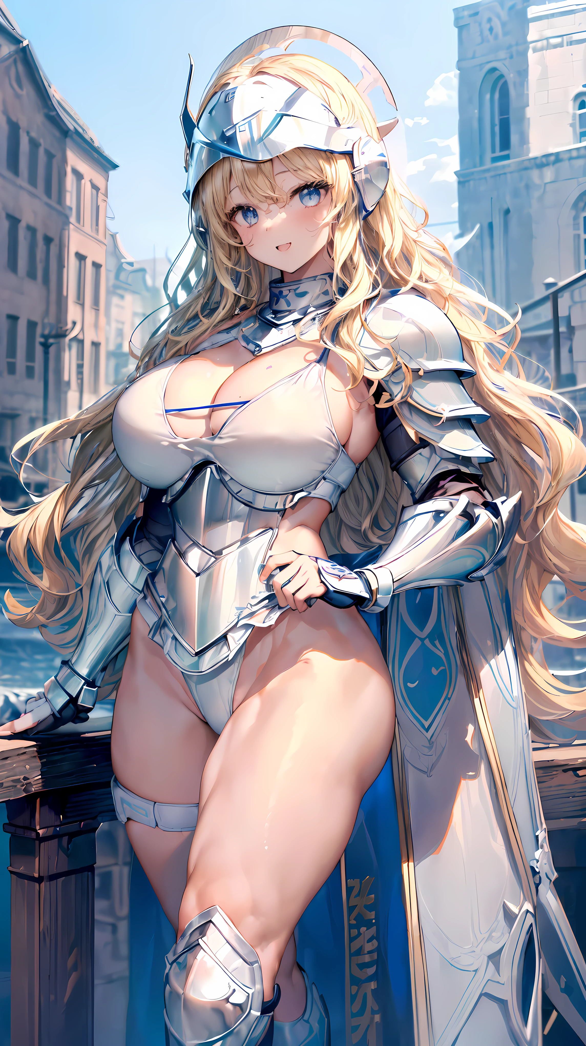 (Adult women:1.5)、Very detailed、highest quality、Best image quality、masterpiece、8k、Anime Face、A kind smile、(Open your mouth:1.3)、Sparkling blue eyes、(Blonde Wavy Hair:1.5)、、Muscles of the whole body、(High leg:1.5)、Thigh belt、(Wearing white bikini armor:1.5)、(Cowboy Shot:1.5)、(Leg armor:1.5)、(Wearing a helmet:1.5)、SFW Giant