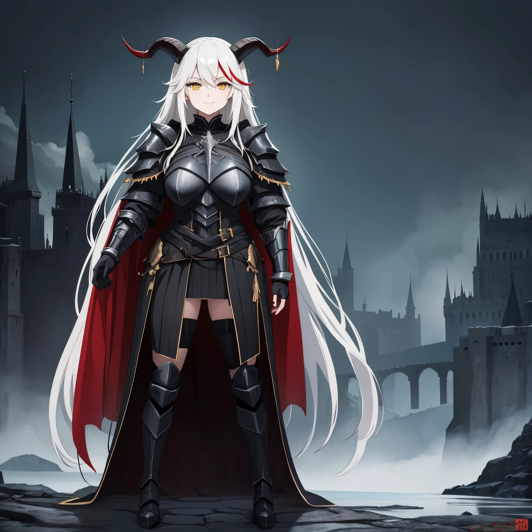 A woman wearing black heavy armor, black metal boots, black metal bracelet, long white hair, a red fringe, yellow eyes, horns, horns on the armor's shoulder pads, a large black fur cape, smiling, full body, standing standing on a platform of a large castle, at the bottom of the castle, holding a personalized red sword,Surrealism, drop shadow, atmospheric perspective, bloom, 8k, super detail, ccurate, best quality, UHD, anatomically correct, textured skin, high quality, highres, best quality ( solo woman)
