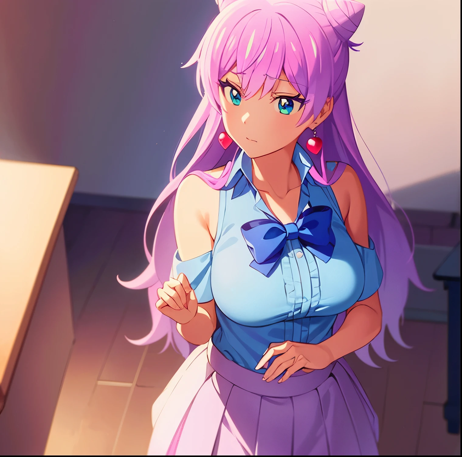 1 girl, alone, akari watanabe, long hair, blue eyes, pink hair, bun, double bun, conical hair bun, BREAK skirt, shirt, bow, jewelry, pleated skirt, earrings, blue skirt, blue shirt, REST facing the viewer, full length, large breasts, wide hips, wide thighs, REST inside, in the classroom, , (masterpiece: 1.2), best quality, high resolution, Unity 8k wallpaper, (artwork: 0.8), (beautiful detailed eyes: 1.6), extremely detailed face, perfect lighting, extremely detailed CG (perfect hands, anatomy perfect),