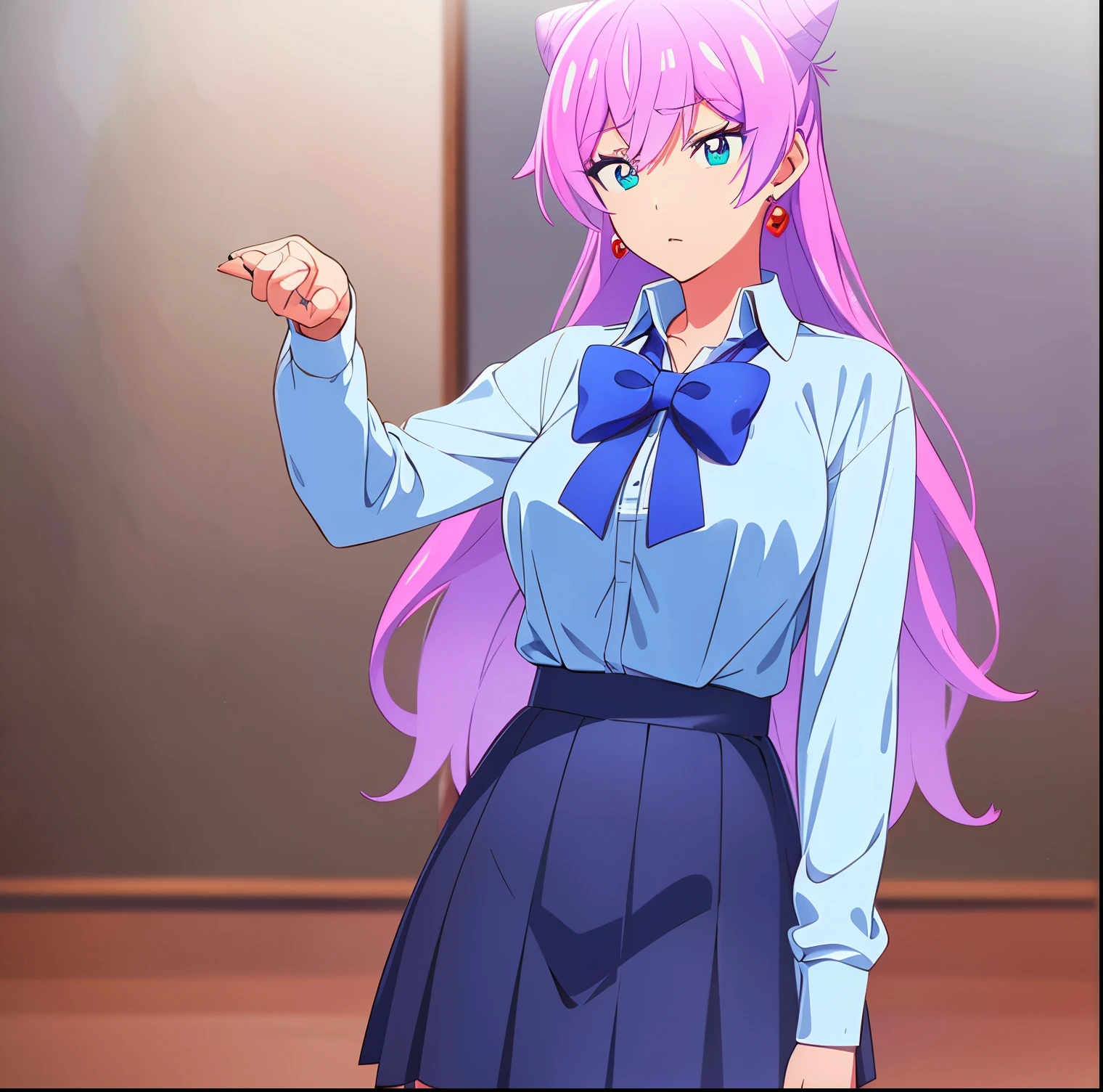 1 girl, alone, akari watanabe, long hair, blue eyes, pink hair, bun, double bun, conical hair bun, BREAK skirt, shirt, bow, jewelry, pleated skirt, earrings, blue skirt, blue shirt, REST facing the viewer, full length, large breasts, wide hips, wide thighs, REST inside, in the classroom, , (masterpiece: 1.2), best quality, high resolution, Unity 8k wallpaper, (artwork: 0.8), (beautiful detailed eyes: 1.6), extremely detailed face, perfect lighting, extremely detailed CG (perfect hands, anatomy perfect),