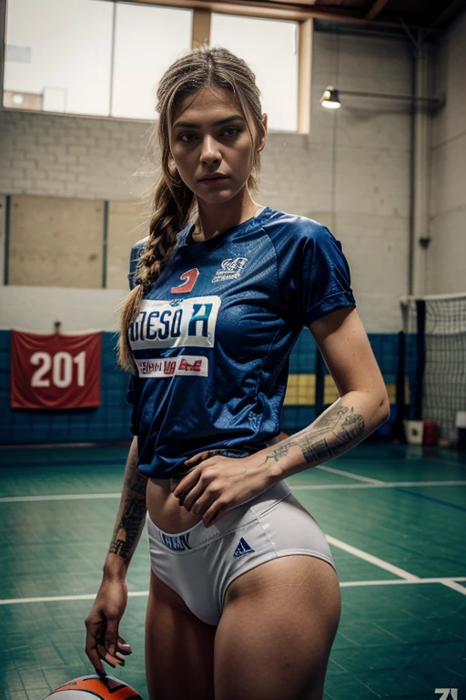 Mujer con tatuajes sosteniendo una pelota de voleibol frente a su cara., inspirado por Ion Andreescu, vistiendo una camiseta de voleibol, Aleksandra Waliszewska, Alina Ivánchenko, magdalena radziej, olga buzova, marta sirko, anna nikonova aka new milkmaid, sanja stikovic, mina petrovic, Angelina Stroganova.