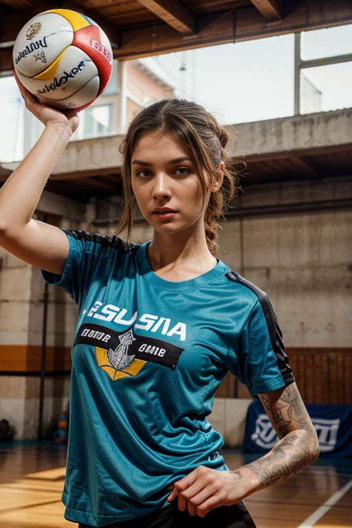 Mujer con tatuajes sosteniendo una pelota de voleibol frente a su cara., inspirado por Ion Andreescu, vistiendo una camiseta de voleibol, Aleksandra Waliszewska, Alina Ivánchenko, magdalena radziej, olga buzova, marta sirko, anna nikonova aka new milkmaid, sanja stikovic, mina petrovic, Angelina Stroganova.