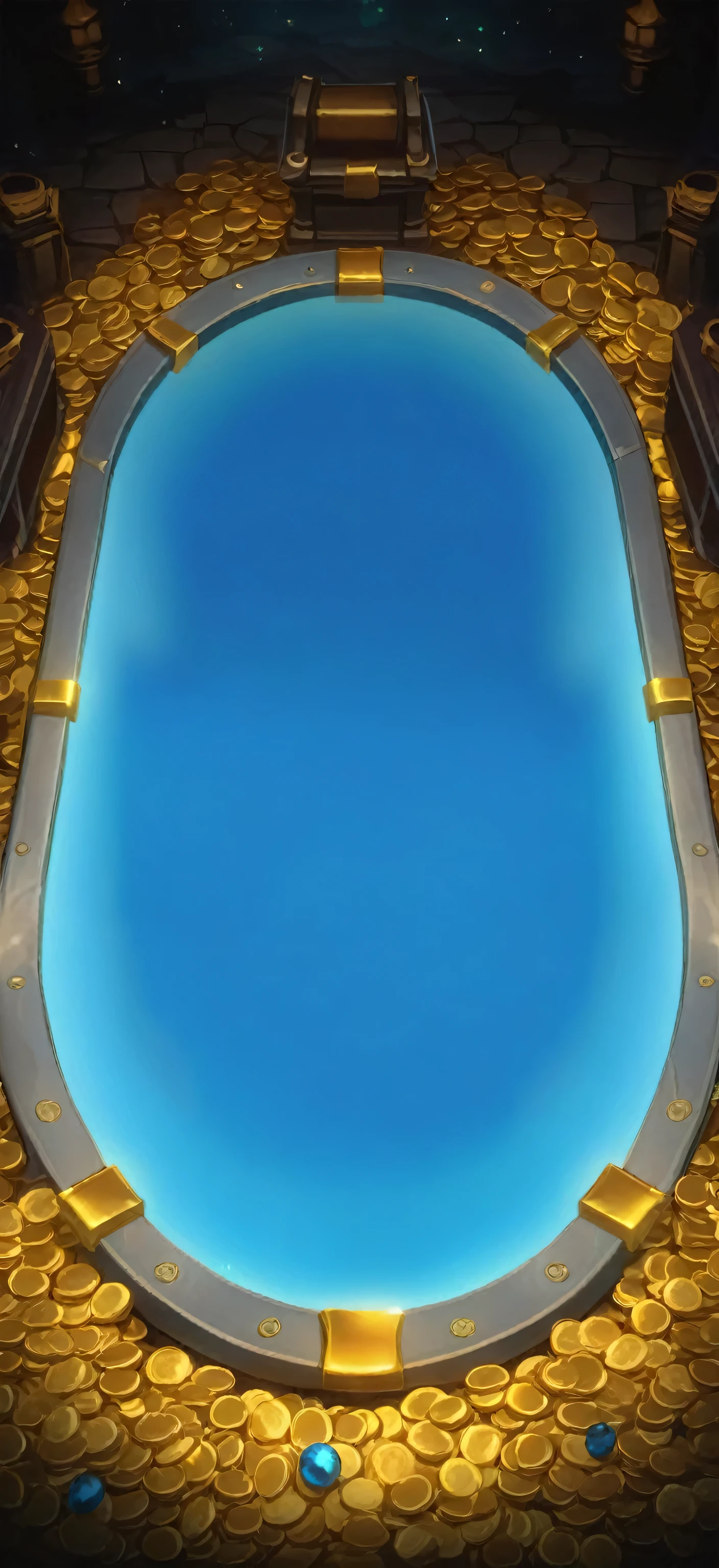 a close up of a pool of gold coins with a blue sky, mobile game background, random background scene, arena background, treasure background, game background, magic lab background, background(solid), background art, iphone background, a pool inside the giant palace, mobile game asset, iphone 15 background, mirror background, pool, background artwork, game asset, coliseum background