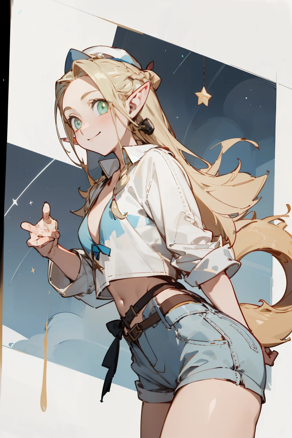 Wearing a bikini、Wearing a hat and a sword, Wearing headphones,(masterpiece, best quality) detailed,silver accessories , Blonde ,elegant, Pointed ears ,White shirt,Pleated Skirt,Double tail,Waist-length hair,Smile,Star decoration,Wearing a straw hat