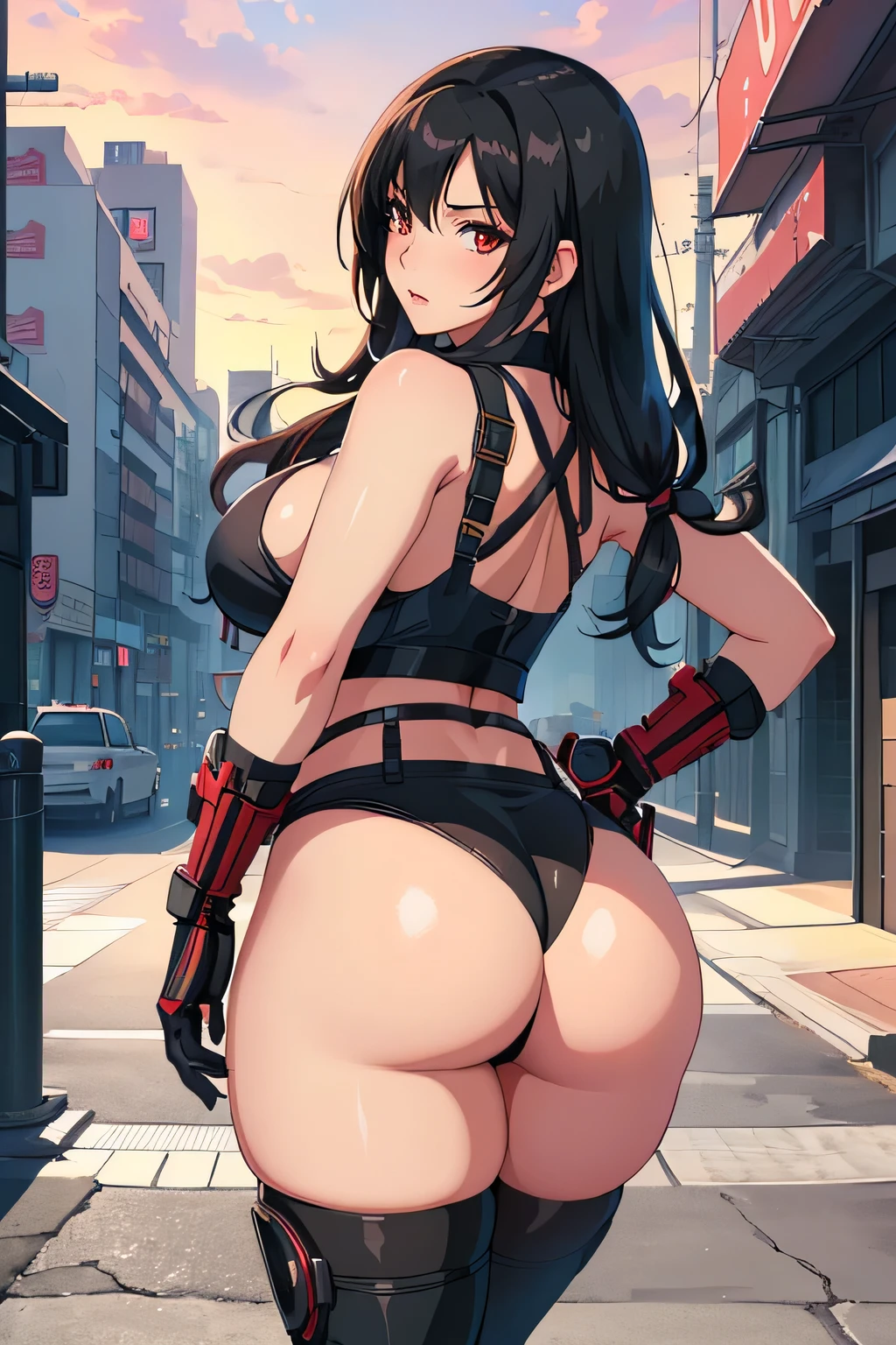 Anime girl wearing black cat costume posing in city street, thick, Enchanting anime girl, tits cyberpunk, Tifa Lockhart, High resolution consignment, black moody scene, Background city, seductive Tifa Lockhart portrait, , tits, Smooth anime CG art, Sexy pose, Anime Moe Art Style, black
