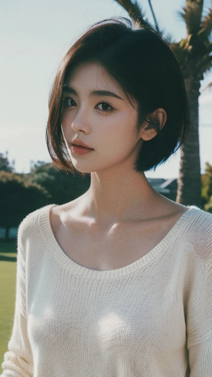 1 girl with short hair，sweater,Lawn sky background,