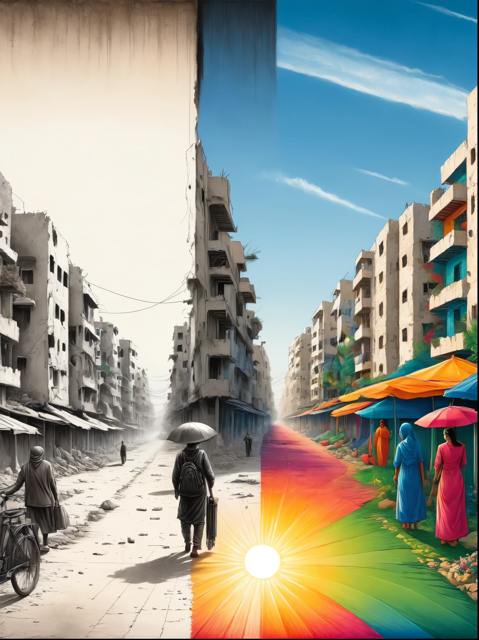 (The left half is a black and white line drawing of the war-torn and ruined city of Gaza:1.3), (The right half is a beautiful and pleasant city with tall buildings, bright sunshine and bright colors:1.5), ((The artwork should transition from a pencil drawing style in black and white on the left half to vibrant colors on the right half, Ensure a seamless integration between the two halves without any dividing line, with the left side featuring detailed black and white pencil strokes and the right side filled with colors, creating a harmonious blend across the image)), excellent quality, Detailed background, The art of math