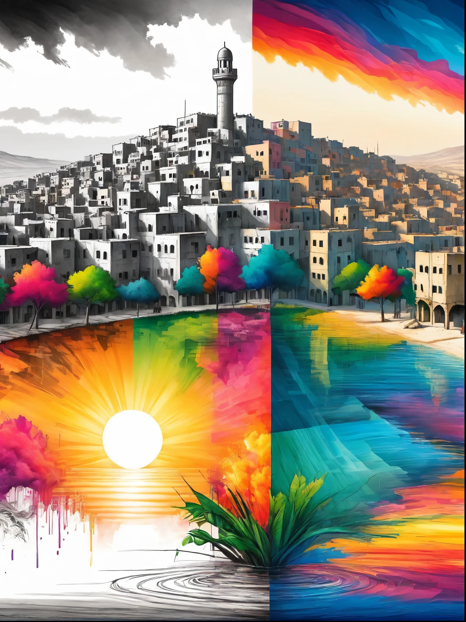(The left half is a black and white line drawing of the war-torn and ruined city of Gaza:1.3), (The right half is a beautiful and pleasant city with tall buildings, bright sunshine and bright colors:1.5), ((The artwork should transition from a pencil drawing style in black and white on the left half to vibrant colors on the right half, Ensure a seamless integration between the two halves without any dividing line, with the left side featuring detailed black and white pencil strokes and the right side filled with colors, creating a harmonious blend across the image)), excellent quality, Detailed background, The art of math