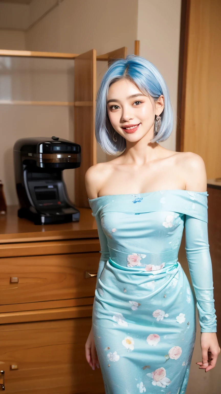 (best quality, masterpiece), 1girl, off shoulder,(soft colored hair:1.3), silver hair, clutter girl's lovely room, teddy bear,  15 year old, smile, beaming face, extremely high resolution, photorealistic, RAW photography, depth of field, amazingly high detailed eyes and face, silky smooth skin, ((mmTD burmese patterned traditional dress)), emerald green dress, floral printed dress