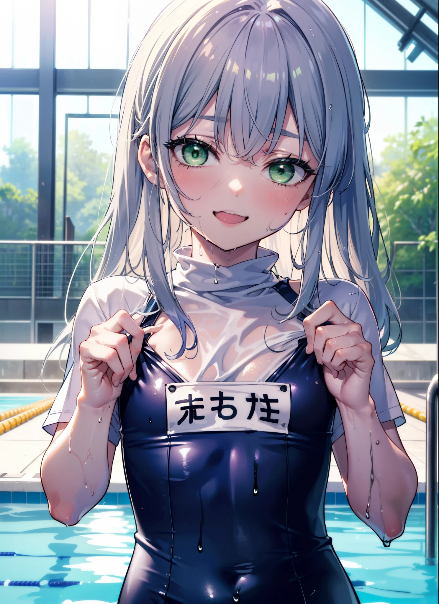 index, index, (Green Eyes:1.5), Silver Hair, Long Hair, (Flat Chest:1.2),School Swimsuit(white),barefoot,Wet Hair,Wet Skin,Wet swimsuit,happy smile, smile, Open your mouth,crowd,
break looking at viewer, Upper Body, whole body,
break outdoors, Public swimming pool,
break (masterpiece:1.2), highest quality, High resolution, unity 8k wallpaper, (figure:0.8), (Beautiful fine details:1.6), Highly detailed face, Perfect lighting, Highly detailed CG, (Perfect hands, Perfect Anatomy),