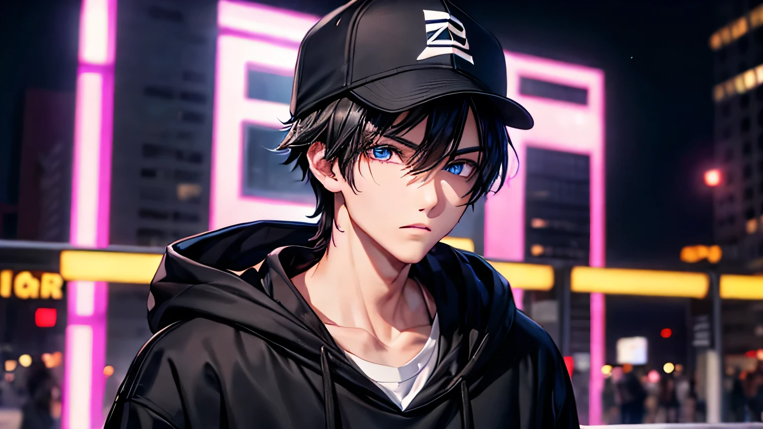 male　1 person　High school boys　cool　Black Hair　Black hoodie　White baseball cap　High quality, high definition and detailed facial expressions　High quality, high definition and delicate hair　High quality, high resolution and delicate eyes　bustling street　neon　midnight