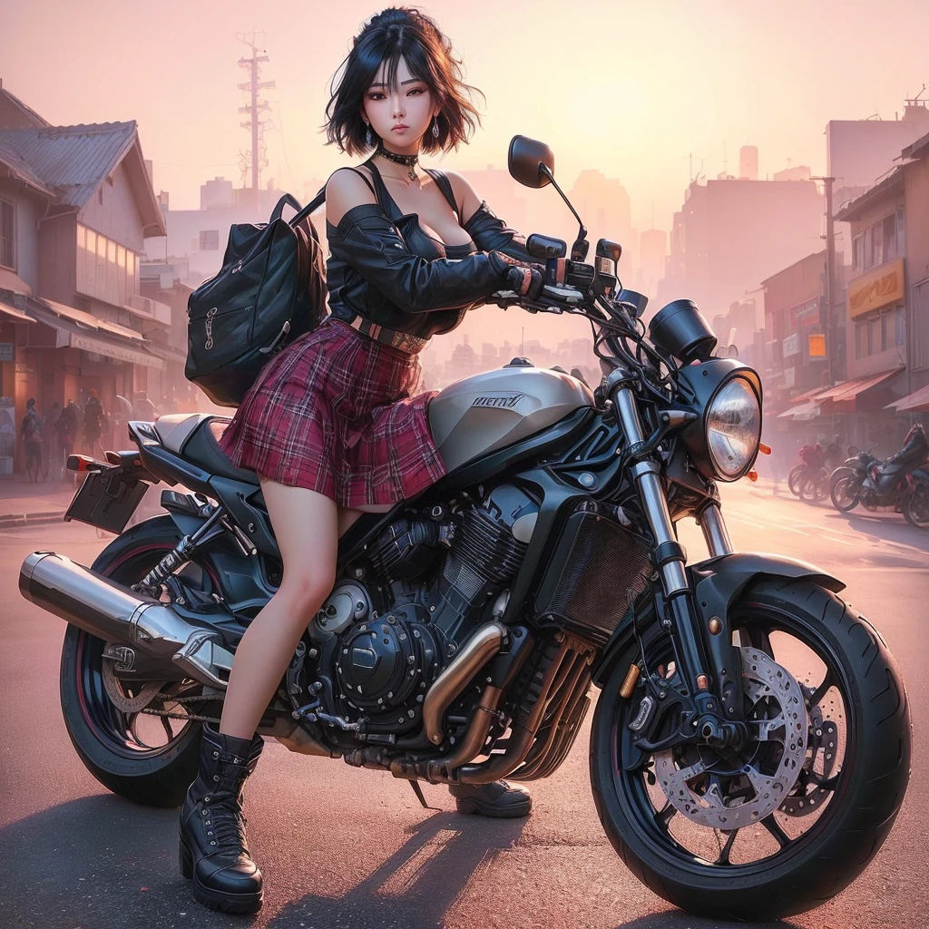 woman in a skirt and boots sitting on a motorcycle, artwork in the style of Gweitz, Sitting on a cyberpunk bike, motorcycle, Gweitz, 8k、RAW Photos、highest quality、Real、Photorealistic、Professional Lighting、mix4、20d、Beautiful Teenage Woman、1 female、Big beautiful eyes、Larger breasts、Park background with sea view、Wear a black tube top、Long black hair