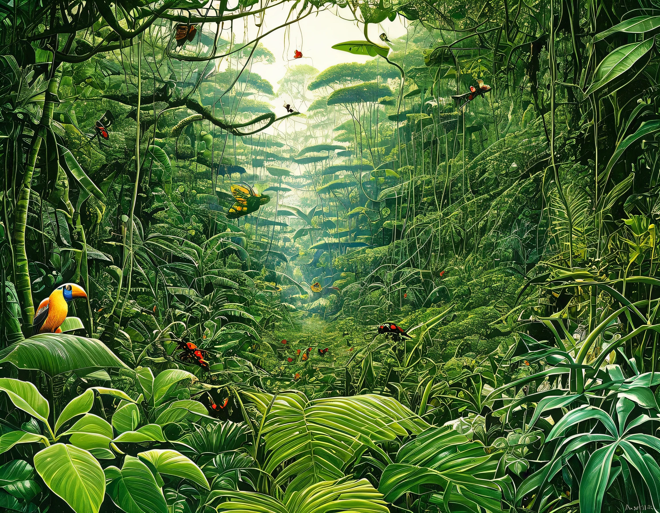 There you sir々There is a picture of a jungle with animals., exotic animals and plants, Hidden Animals, David Wiesner, zoology! Fantastic creatures, Deep jungle creatures, Insects and birds, Alien fauna, Biodiversity, artwork, Ultra-fine detail painting, Michael Hatter, Highly detailed cover art, Mutated Wildlife, Highly detailed painting, Mysterious insects