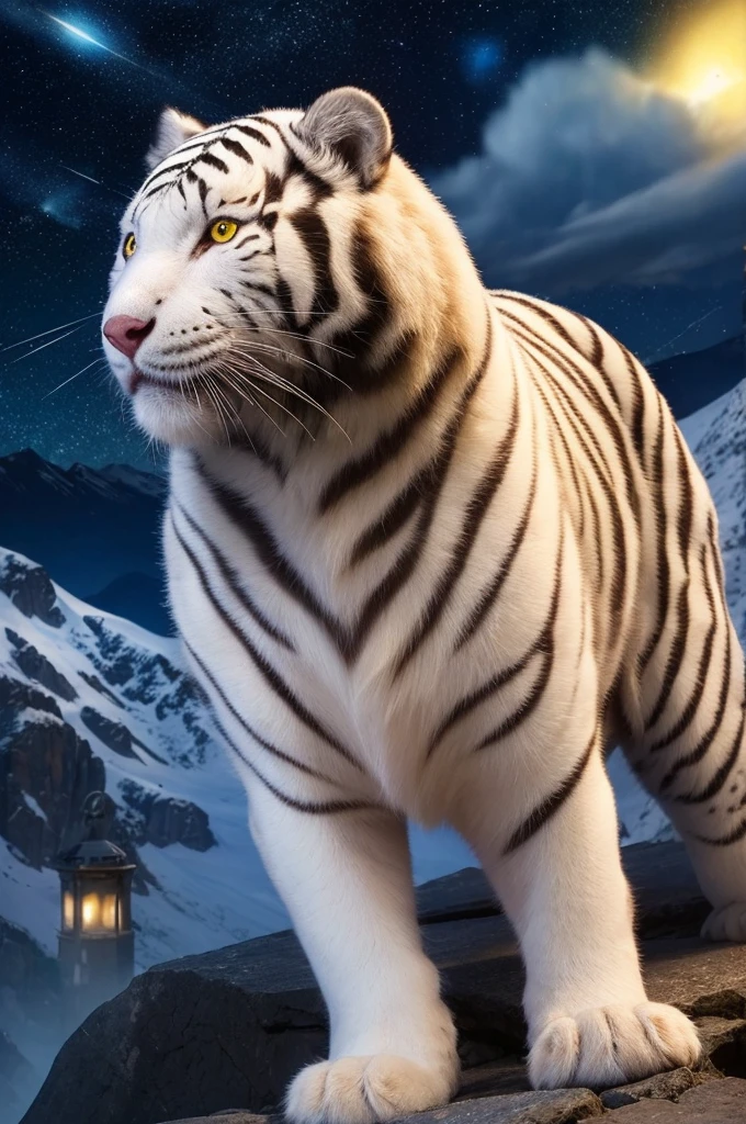 (dark night, starry sky:1.5), (rocky mountains, cloud:1.3), (one white tiger:1.2), full body, (yellow eyes:1.5), finely drawn face, delicate fur, (elegant with white and black fur), tail