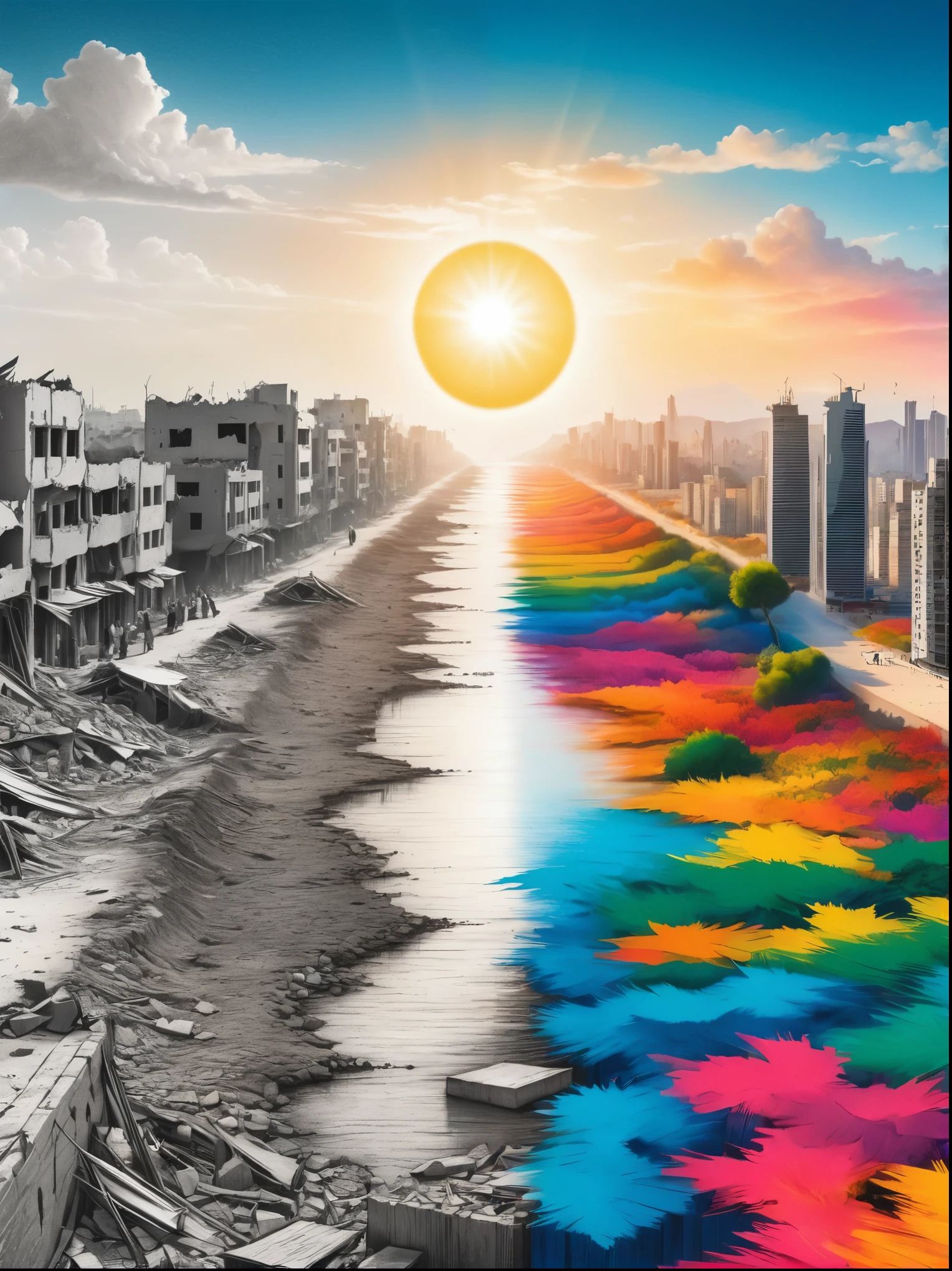 (The left half is a black and white line drawing of the war-torn and ruined city of Gaza:1.3), (The right half is a beautiful and pleasant city with tall buildings, bright sunshine and bright colors:1.5), ((The artwork should transition from a pencil drawing style in black and white on the left half to vibrant colors on the right half, Ensure a seamless integration between the two halves without any dividing line, with the left side featuring detailed black and white pencil strokes and the right side filled with colors, creating a harmonious blend across the image)), excellent quality, Detailed background, The art of math