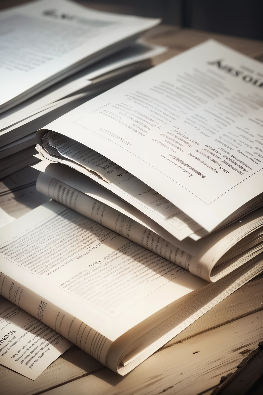 In the background, an old-style periodical paper setting with plain newspaper sheets scattered around, devoid of people or any living beings, only the raw essence of news and information remains.