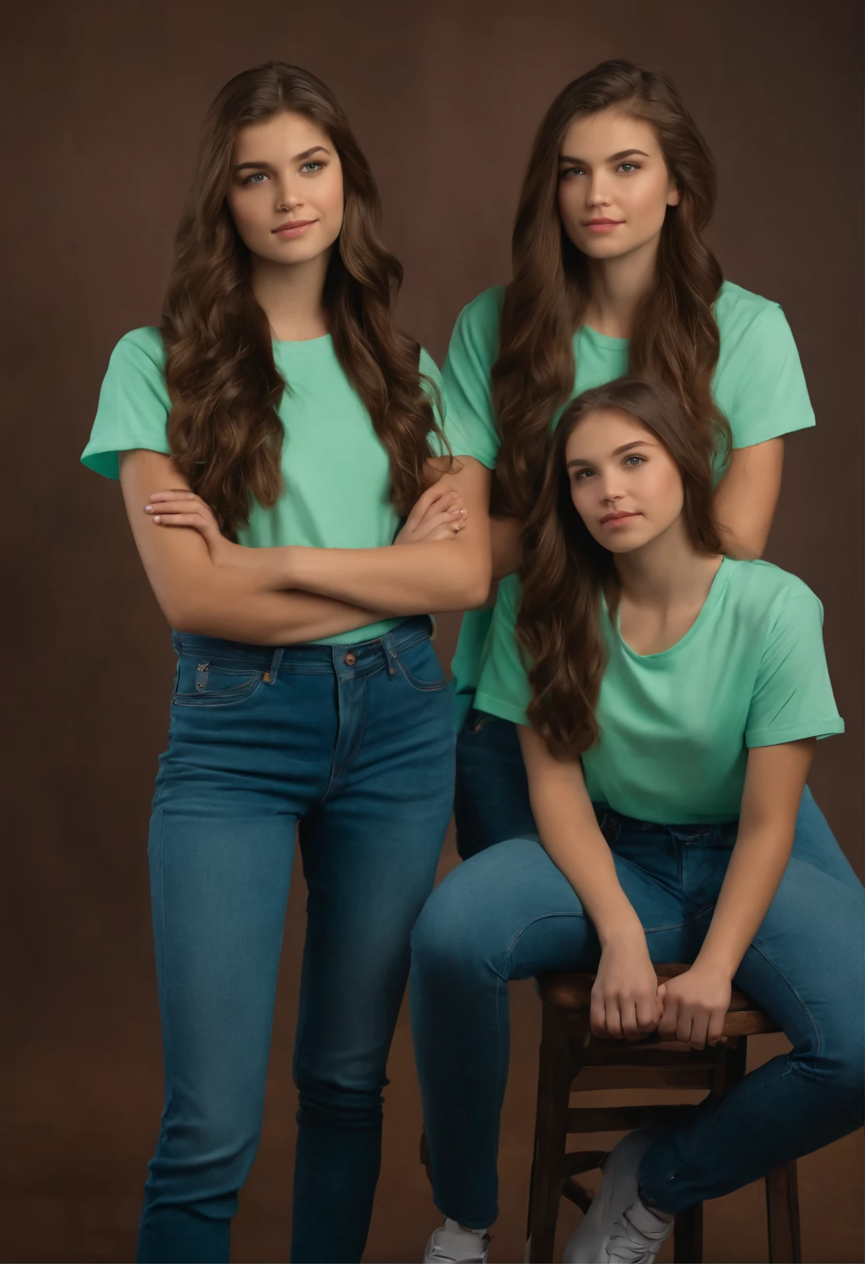 girl clones with brown hair, jeans and a mint t-shirt.