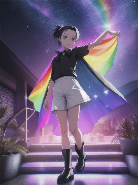 A girl, single ponytail, black hair, forehead, hotel waiter uniform, nylon shorts, flat boots, mountains, starry night, glowing stone stairway, Rainbow cape,Rainbow color illustration, magically glowing, Shiny and colorful, Hologram, Digital Animation Art, front,Full body portrait,Horizontal viewing angle,Colorful,Depth of Field,Overclocking Renderer,Movie Lighting,Ultrafine,Ultra Detailed,CG art,
