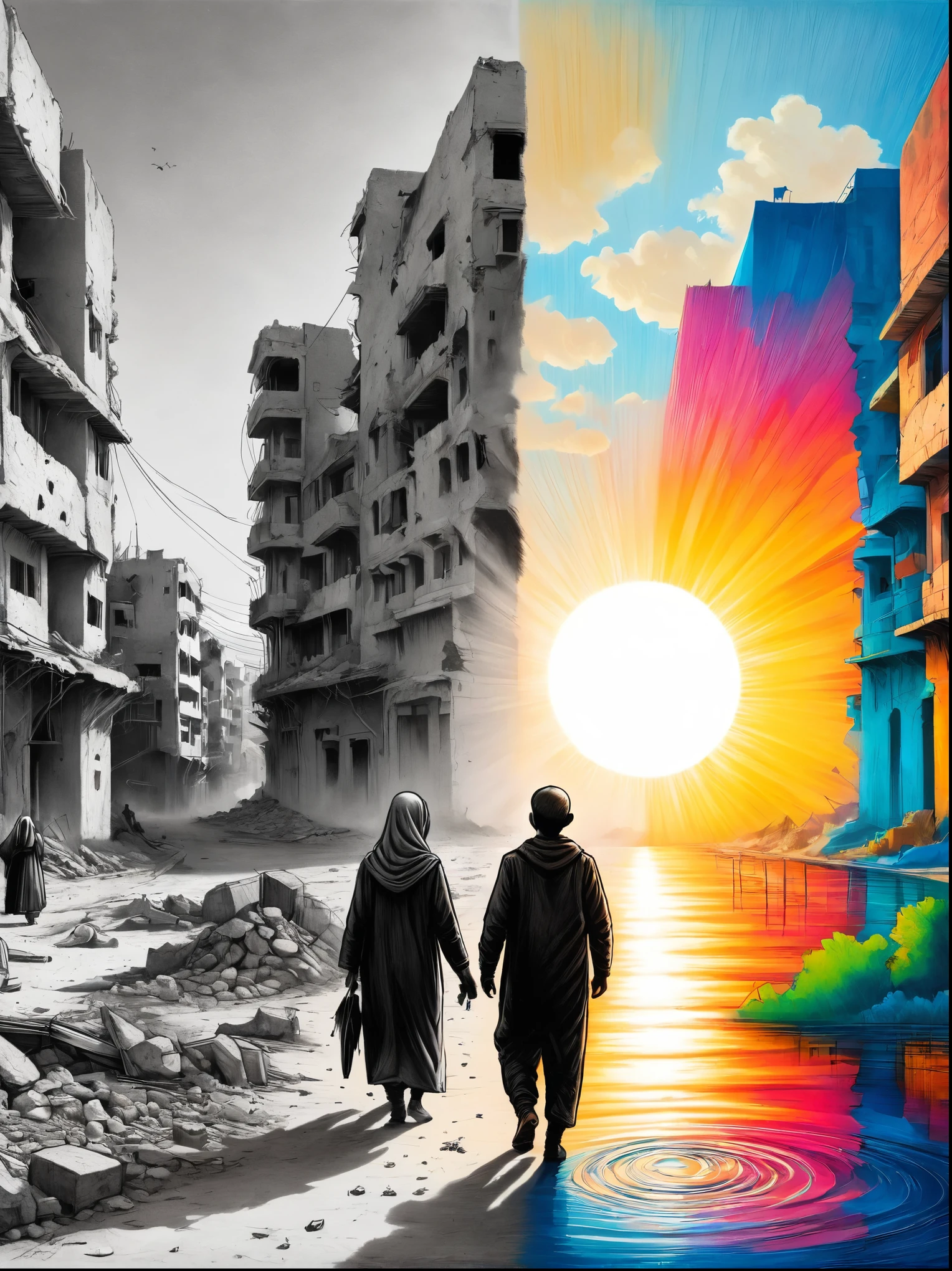(The left half is a black and white line drawing of the war-torn and ruined city of Gaza:1.3), (The right half is a beautiful and pleasant city with tall buildings, bright sunshine and bright colors:1.5), ((The artwork should transition from a pencil drawing style in black and white on the left half to vibrant colors on the right half, Ensure a seamless integration between the two halves without any dividing line, with the left side featuring detailed black and white pencil strokes and the right side filled with colors, creating a harmonious blend across the image)), excellent quality, Detailed background, The art of math