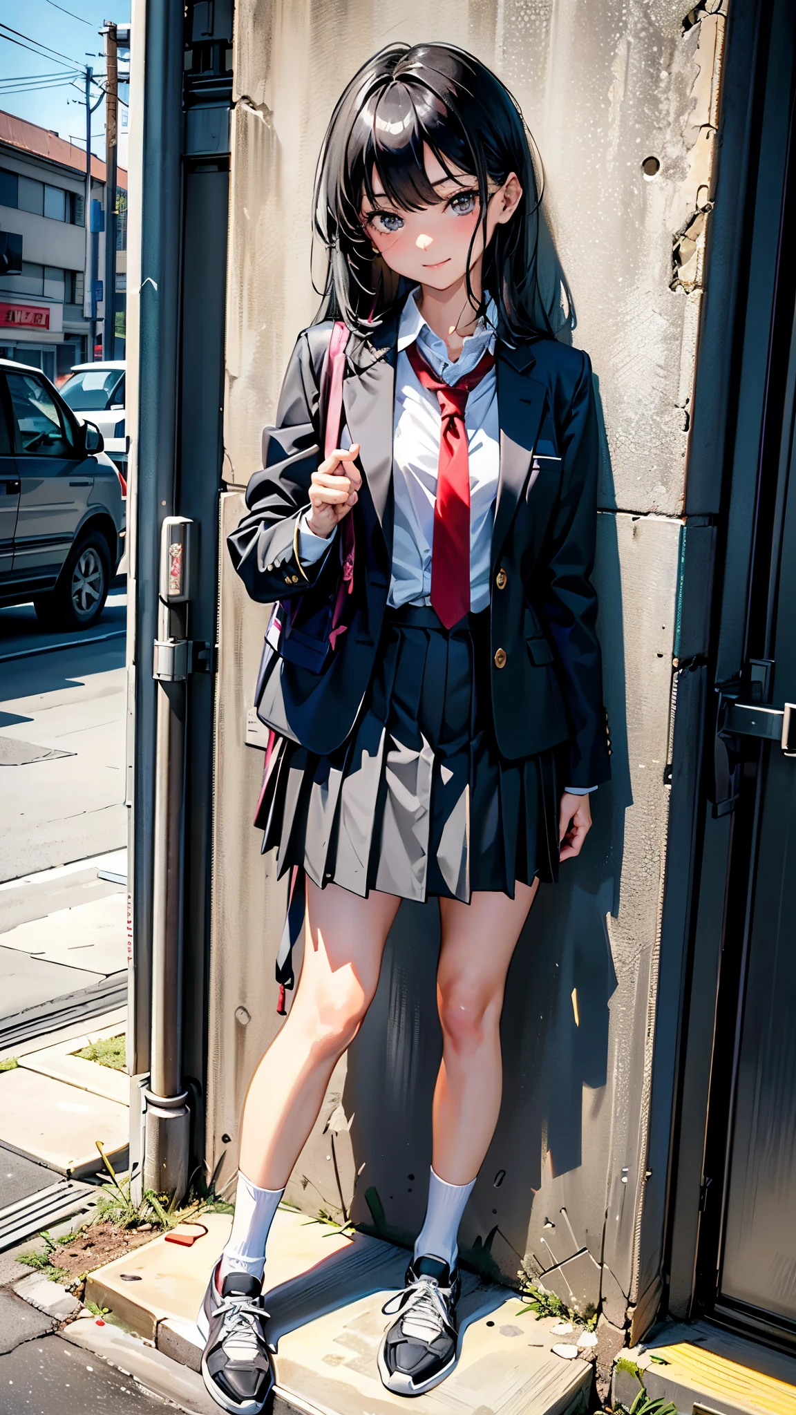 (8k, RAW Photos, 最high quality, masterpiece:1.2), high qualityのRAWカラー写真, Professional photo shoot, Cinematic Light, alone, (((young woman, Gal))), (Sharp features), (Small face), (Skin with attention to detail:1.2), clavicle, Cute face, Beautiful appearance, Long eyelashes,Girl Turning Around, smile, (Black Hair, Long straight line), high school student, Red tie, High School Uniform:1.2, Black jacket, Open jacket, Jacket cuff buttons, White shirt, Check skirt,(( Gray ruins)), Confident attitude, Capture the happy moment, Artistic painting,Attractive thighs, loose socks:1.2, sneakers:1.2, (Very fine touch:1.2), (はにかんだsmile), Peaceful atmosphere, Bright colors, (Are standing:1.5, Leaning against the ruins, Full body portrait), Smooth texture, Gazing Eyes, Beautiful Skin, Shiny skin, ((Perfect Fingers, Five Fingers, Anatomically correct)), high quality, Surreal, ((Very detailed, photo shoot)),(Skirt flip、I can see her panties),,、Dramatic Lighting、Mysterious、Strong contrast、Anime Style、Girl and black lion