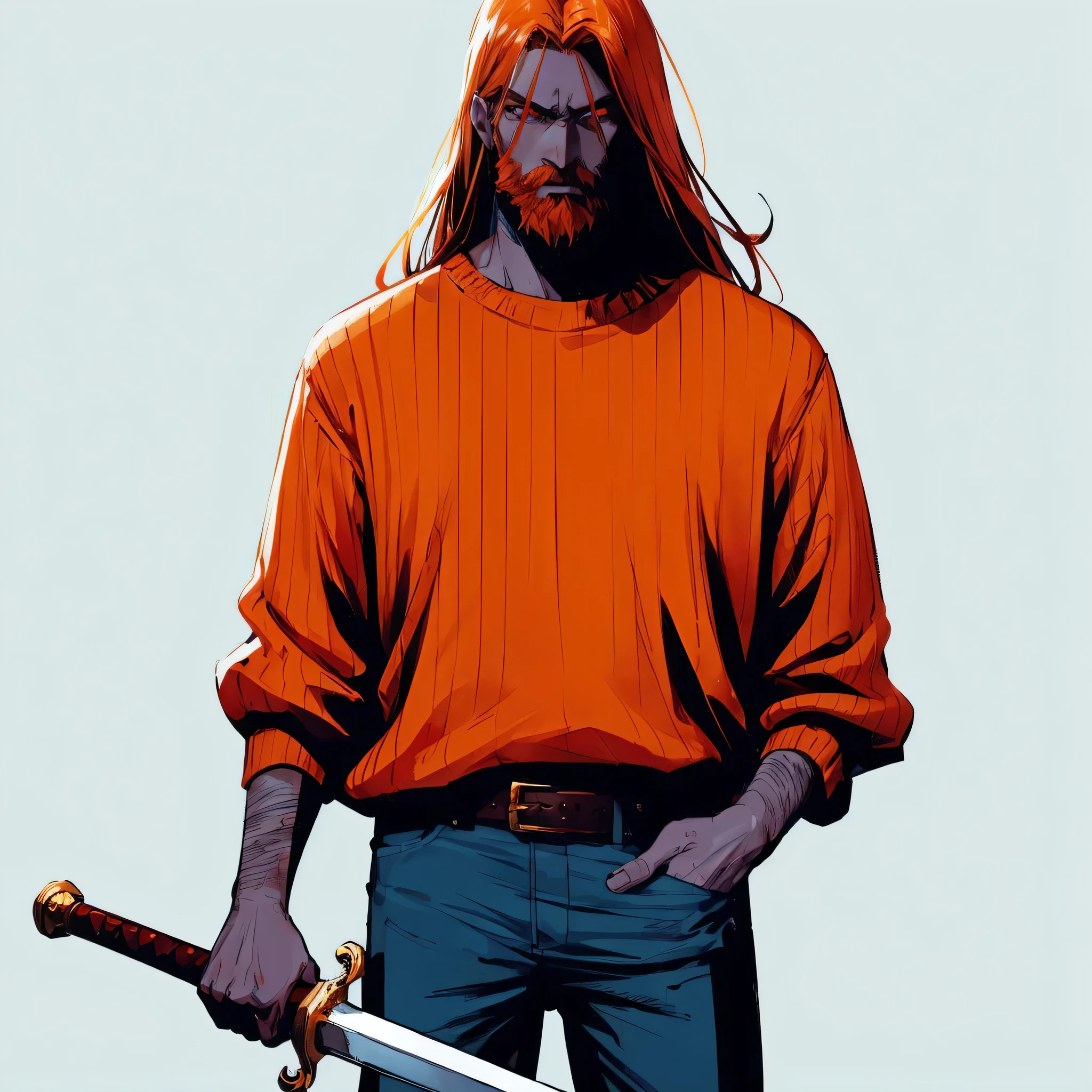 Hell fiery background . A man with long ginger hair and a long ginger beard. With red eyes and shadowy face. He's wearing an orange loose sweater and a tight blue jeans, carrying a medieval long sword.