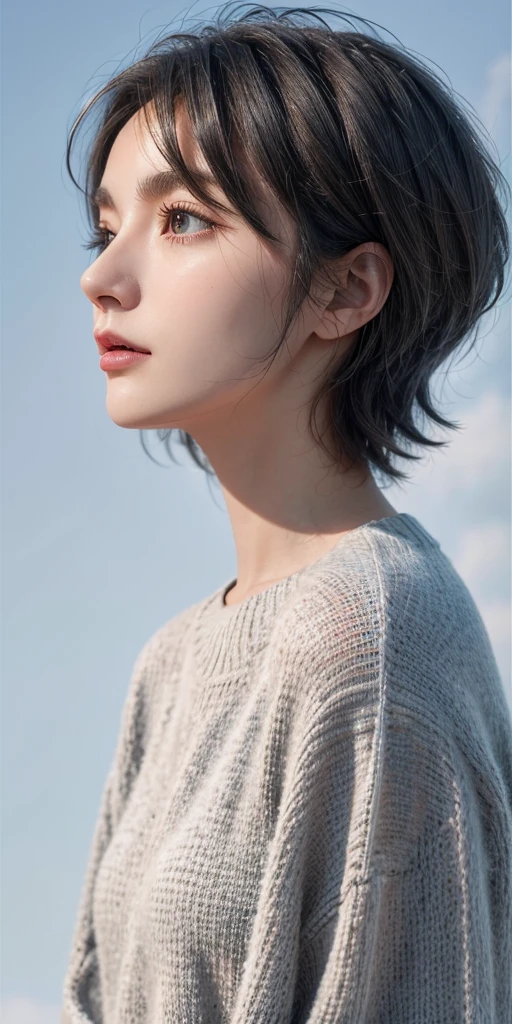 medium shot,Surreal:1.4 ,1 woman,Look up at 30°,Three-point profile,Silver gray clean short hair,breeze,Close eyes,Bright sky background,Soft shadows,Bright picture,sweater,