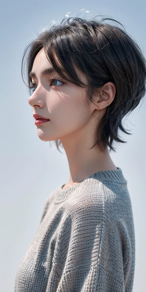 medium shot，Surreal：1.4 ，1 woman，Look up at 30°，Three-point profile，Silver gray clean short hair，breeze，Close eyes，Bright sky background，Soft shadows，Bright picture，sweater，