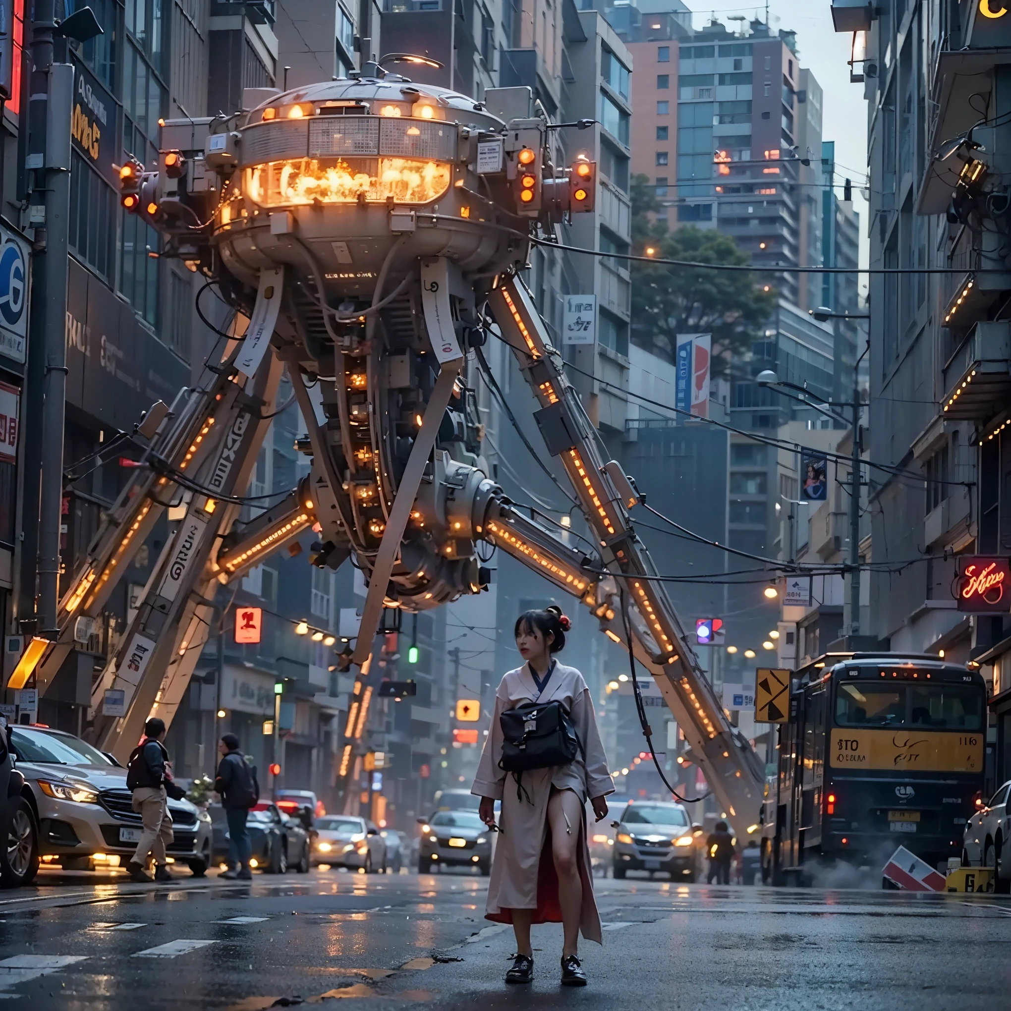 (masterpiece, best quality:1.2), (8k uhd, 16k, 32k, ultra high res), (one young beautiful japanese woman、Several robots destroying the city)、SF、A woman with telekinetic powers、The space around the woman's body appears distorted.、destroyed metropolis、Challenge the invaders、urban decline、blazing flame、Collapsing high rise buildings、rising smoke、fierce battle、Flying sparks、swirling rubble、ruined cityscape、futuristic atmosphere、(Articulated, skeletal invader robot shaped like a jellyfish:1.45)、futuristic atmosphere、vivid colors、Otherworldly energy、dynamic composition、Cinematic Lighting、post-apocalyptic setting、determined look、confident attitude、hair fluttering in the wind、shining eyes、shining runes、technologically advanced weapons、epic showdown、Epic scale、Awe-inspiring heroic struggle、Last resistance、dystopian future、Fate, humanity loses its balance、Intense emotions arise