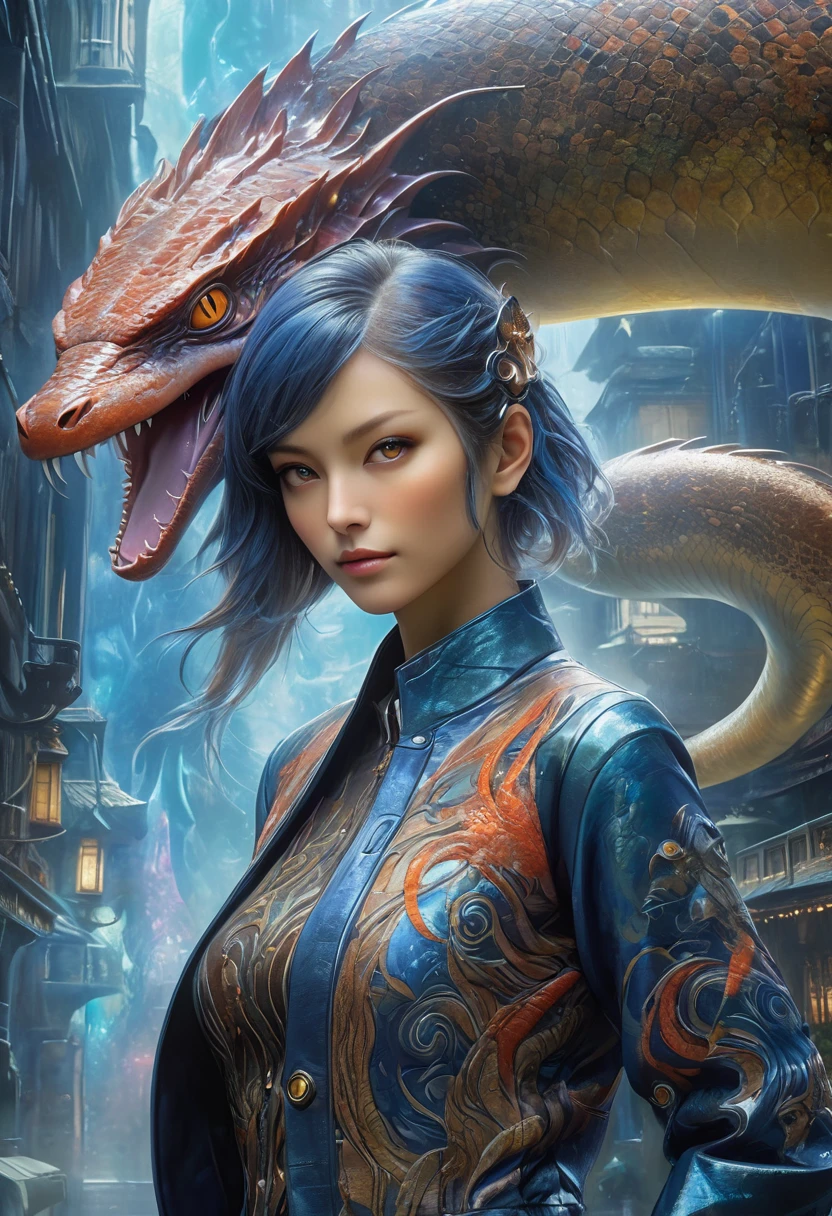 best quality,4k,8k,highres,masterpiece:1.2,ultra-detailed,realistic:1.37,HDR,UHD,studio lighting,ultra-fine painting,sharp focus,physically-based rendering,(Yoshitaka Amano style:1.1),SFW,(safe for work), An italian woman and her guardian familiar, mystical creature,otherworldly creature,kaiju-like,enchanting companions,wearing stylish futuristic clothes,inspired by Phantasy Star Online, dynamic poses, (The woman, with her eyes brightly colored, no makeup and her italian facial features elegantly detailed, adding to her allure. Dressed in elegant casual clothes with a stylish futuristic jacket.), (She is accompanied by a guardian, an electric elemental eel and kraken mixed creature with exquisite appearance features resembling cosmic horrors. The creature's presence adds a sense of wonder and magic to the scene.),(Her guardian has multiple glowing eyes), (The woman and her companion stand in a dark and gothic city, a modern metropolis with exotic alien plants, and vibrant signs. The colors are vibrant, with a mixture of dark blues, browns, and pale reds creating a dreamlike atmosphere.), (The lighting is soft but illuminating, casting a gentle glow on both the woman and the creature.), (The overall composition has a realistic and photorealistic quality, capturing the essence of the scene in intricate detail.), (The art style is inspired by Yoshitaka Amano, known for his ethereal and otherworldly illustrations. The combination of realistic elements with the artist's unique style creates a captivating and visually stunning image.),Greg Rutkowski