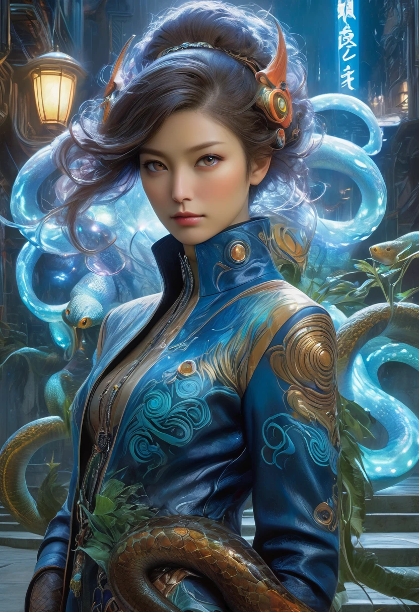 best quality,4k,8k,highres,masterpiece:1.2,ultra-detailed,realistic:1.37,HDR,UHD,studio lighting,ultra-fine painting,sharp focus,physically-based rendering,(Yoshitaka Amano style:1.1),SFW,(safe for work), An italian woman and her guardian familiar, mystical creature,otherworldly creature,kaiju-like,enchanting companions,wearing stylish futuristic clothes,inspired by Phantasy Star Online, dynamic poses, (The woman, with her eyes brightly colored, no makeup and her italian facial features elegantly detailed, adding to her allure. Dressed in elegant casual clothes with a stylish futuristic jacket.), (She is accompanied by a guardian, an electric elemental eel and kraken mixed creature with exquisite appearance features resembling cosmic horrors. The creature's presence adds a sense of wonder and magic to the scene.),(Her guardian has multiple glowing eyes), (The woman and her companion stand in a dark and gothic city, a modern metropolis with exotic alien plants, and vibrant signs. The colors are vibrant, with a mixture of dark blues, browns, and pale reds creating a dreamlike atmosphere.), (The lighting is soft but illuminating, casting a gentle glow on both the woman and the creature.), (The overall composition has a realistic and photorealistic quality, capturing the essence of the scene in intricate detail.), (The art style is inspired by Yoshitaka Amano, known for his ethereal and otherworldly illustrations. The combination of realistic elements with the artist's unique style creates a captivating and visually stunning image.),Greg Rutkowski